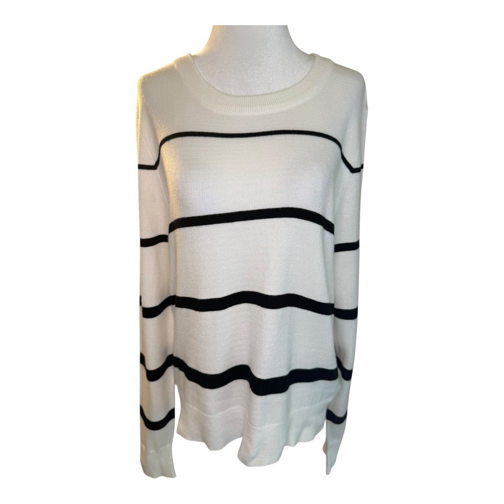 Bobeau Striped Sweater Crew Neck Pullover Casual Everyday Top Ivory Black‎ Large